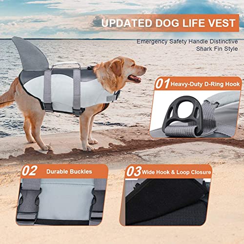 EMUST Chaleco salvavidas para perro tiburón, Ripstop perro salvavidas chalecos con mango de rescate para perros pequeños, medianos y grandes, protección de traje de baño para piscina, playa, barco