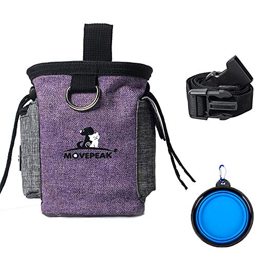 Enkarl Bolsa de golosinas para perros, bolsa de golosinas con cuenco para perros pequeños a grandes, fácil de transportar juguetes para mascotas, kibble, golosinas (morado)