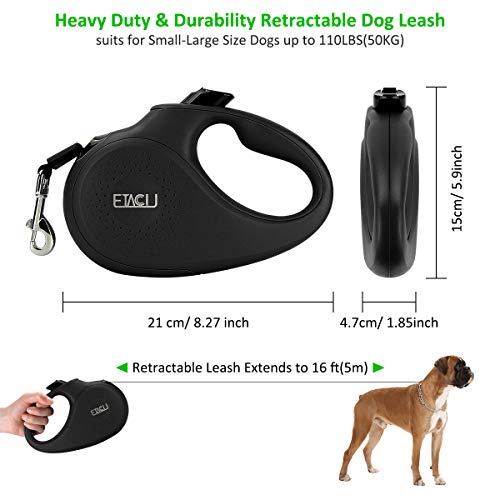 ETACCU Correa Extensible Perro, 5M Cuerda para Perros Retráctil y Reflectante - sin Enredos, Desbloqueo y Bloqueo con un Botón, Mango Ergonómico, para Perro Pequeño Medio Grande de hasta 50KG