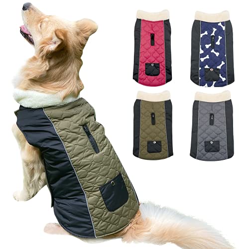 Etechydra Chaqueta Abrigo para Perro, Ropa Perrita Impermeable Reversibles, de Invierno para Perro, Chaleco Reflectante Mascotas con Cuello de Lana Cálido, Abrigo Ajustable Ropa Perro, Verde, L