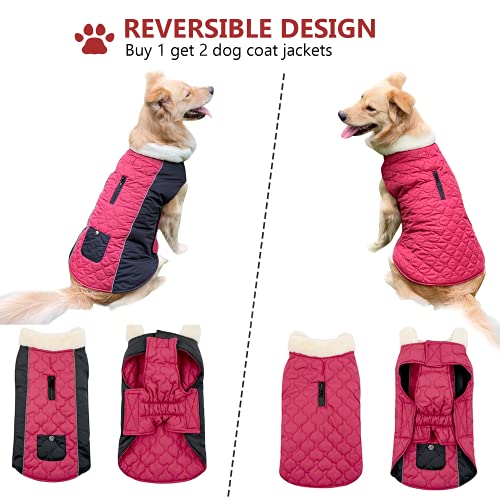 Etechydra Chaqueta Abrigo para Perro, Ropa Perrita Impermeable Reversibles, de Invierno para Perro, Chaleco Reflectante Mascotas con Cuello de Lana Cálido, Abrigo Ajustable Ropa Perro Rojo Vino, XL