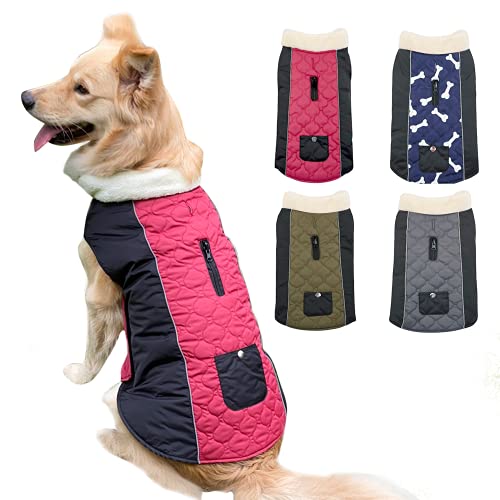 Etechydra Chaqueta Abrigo para Perro, Ropa Perrita Impermeable Reversibles, de Invierno para Perro, Chaleco Reflectante Mascotas con Cuello de Lana Cálido, Abrigo Ajustable Ropa Perro Rojo Vino, XL