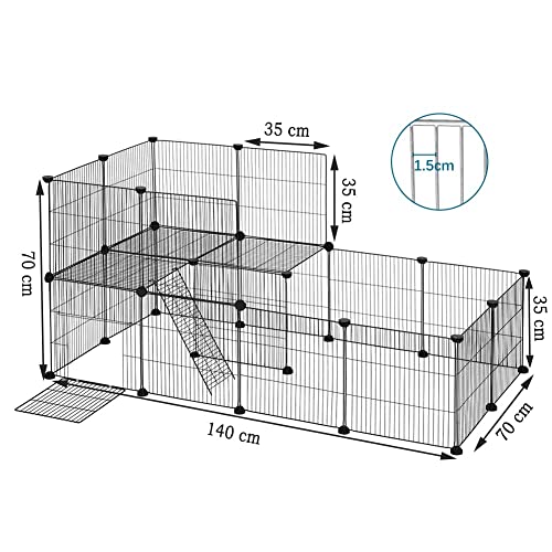 EUGAD Recinto para Cobayas Parque para Conejos Vallas para Conejos Jaula para Mascotas Hámster Gatito Metálica con Puerta&Escalera DIY 22 Paneles (35x35cm/panel) Negro 140 x 70 x 70 cm 0031WL