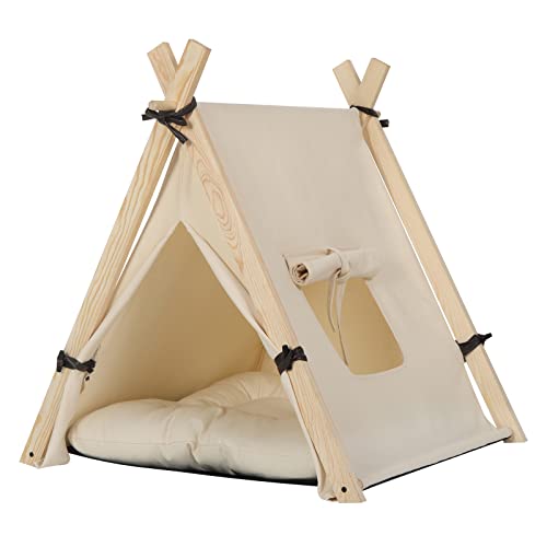 EUGAD Tienda para Mascotas con Cama para Perros Gatos 60x60x70cm Tienda de Lona Lavable Casa para Mascotas con Cojín Suave y Extraíble Montaje Fácil con Soportes de Madera Blanco 0023GD