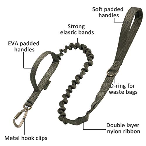 EXCELLENT ELITE SPANKER Correa táctica para Perros Militares Espacio táctico Clips de Gancho de Aluminio Correa elástica para Perros Cuerda elástica Cables para Perros con 2 Asas(Verde Oliva)