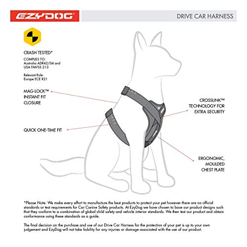 EzyDog Drive Arnés De Coche para Perro, Cinturón De Seguridad para Perros, Multifunción, Ajustable, Arnés De Chaleco De Viaje (L, Negro)