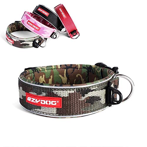 EzyDog Neo Wide - Collar De Perro Extra Ancho - Modelo Premium con Acolchado y Accesorio para La Identificación del Perro - Collares para Perros - Neopreno, Reflectante (L, Camuflado Verde)