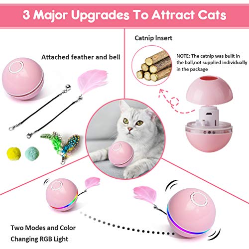 Fairwin Juguetes para Gatos Pelotas, Bolas de Gato Juguete interactivas para Gatos con Luces LED y Juguetes con Hierba Gatera para Gatos de Interior, Rotación Automática de 360 ​​Grados y Carga USB