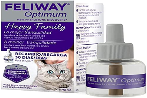 FELIWAY Optimum - Nueva Generación de Feromonas - Soluciona Todos los Signos de estrés del Gato - Arañazos, miedos, Cambios, marcaje con orina, tensiones y conflictos Entre Gatos - Recambio 48ml