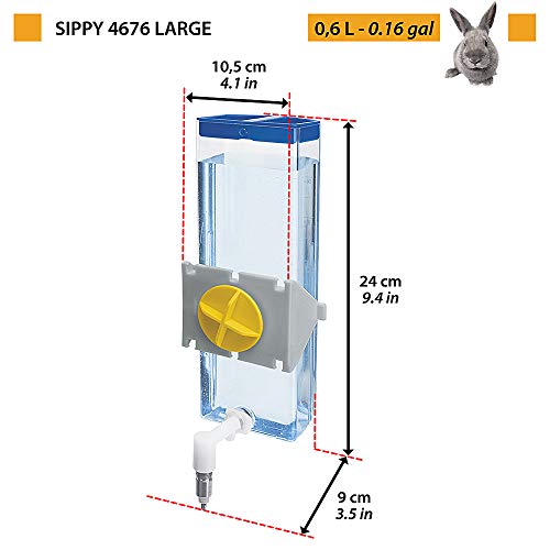 Feplast Bebedero para Conejos Sippy 4676 Large, Capacidad 600 CC, Sistema de sujeción para Alambre o Superficies Lisas, 10,5 x 9 x h 24 cm - 0,6 L, Transparente (84676070)