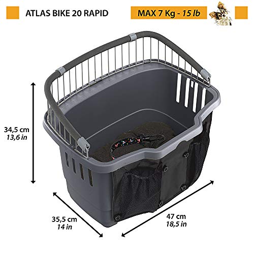 Ferplast Transportín de Bicicleta para Perros de Talla pequeña hasta 7 kg Atlas Bike 20 Rapid, Caja de Viaje con Correa de Seguridad y cojín, Reja de protección, 47 x 35,5 x h 34,5 cm Gris