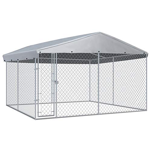 Festnjght Perrera de Exterior con Toldo Jaula para Perros Mascotas de Metal Galvanizado con Cerradura para Jardín Patio 382 x 382 x 225 cm Plata