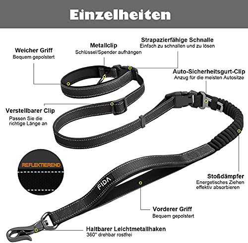 Fida Correa para perros, 1,4 m ~ 2,1 m, 6 en 1, multifunción, con cinturón abdominal ligero, para correr y montar en bicicleta, con cinturón ajustable (negro)