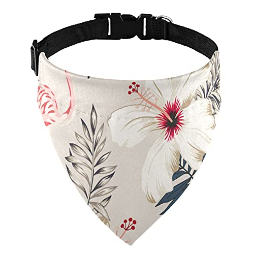 Flamenco rosa retro, hojas de palma, flores de hibisco blanco en cuello de martingala ajustable para perro, baberos de saliva para mascotas y gatos, pañuelos con hebilla triangular, baberos de pañuelo