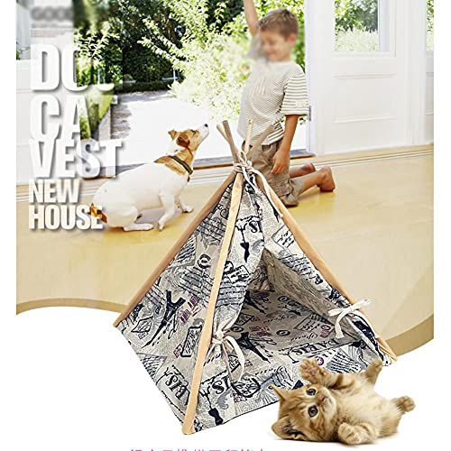 Flashing Tienda de campaña de Gatito Tipi para Mascotas Soporte de Madera Plegable de Lona Lavable Cama de Cueva Pintada Tiendas de campaña Tipi con cojín para Mascotas Perros pequeños Gatos