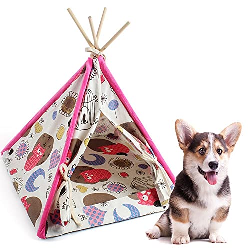 Flashing Tienda de campaña de Gatito Tipi para Mascotas Soporte de Madera Plegable de Lona Lavable Cama de Cueva Pintada Tiendas de campaña Tipi con cojín para Mascotas Perros pequeños Gatos