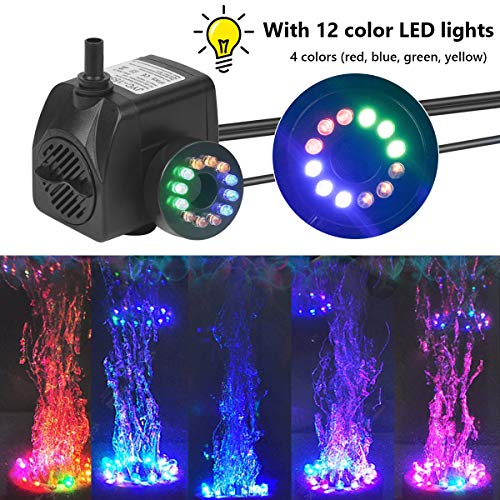 flintronic Mini Bomba de Agua Sumergible, 12 LED Luces con 4 Colores Cambiantes 2 boquillas, 15W/1.5m Bomba de Acuario para Piscinas Pequeñas, Tanques de Peces de Acuario, Fuente de Decoración