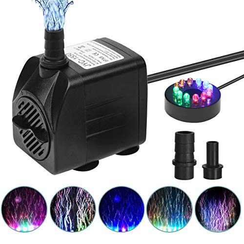 flintronic Mini Bomba de Agua Sumergible, 12 LED Luces con 4 Colores Cambiantes 2 boquillas, 15W/1.5m Bomba de Acuario para Piscinas Pequeñas, Tanques de Peces de Acuario, Fuente de Decoración