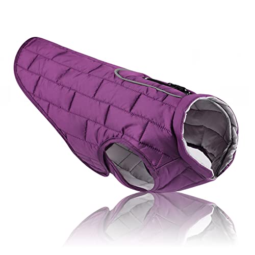 Foern Abrigo Reversible para Perros, Chaleco Impermeable, Tiras Reflectantes, Cremallera para Correa, Ropa Abrigada para Perros Pequeños, Medianos y Grandes,Purple,S:14.2