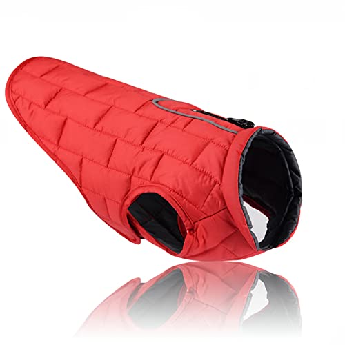 Foern Abrigo Reversible para Perros, Chaleco Impermeable, Tiras Reflectantes, Cremallera para Correa, Ropa Abrigada para Perros Pequeños, Medianos y Grandes,Red,S:14.2