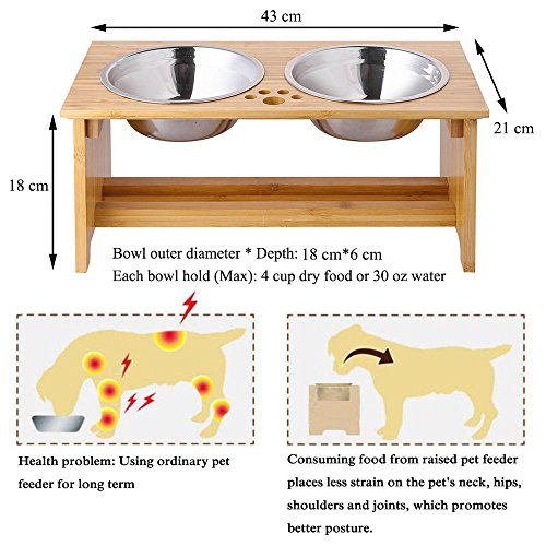 FOREYY Cajones para Perros levantados para Gatos y Perros - Cajones de Comida y Agua para Gatos con elevaciones de bambú Soportes para alimentadores con 2 tazones de Acero Inoxidable(18 cm)