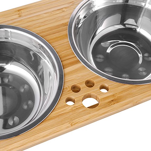 FOREYY Cajones para Perros levantados para Gatos y Perros - Cajones de Comida y Agua para Gatos con elevaciones de bambú Soportes para alimentadores con 2 tazones de Acero Inoxidable(18 cm)