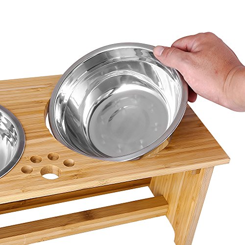 FOREYY Cajones para Perros levantados para Gatos y Perros - Cajones de Comida y Agua para Gatos con elevaciones de bambú Soportes para alimentadores con 2 tazones de Acero Inoxidable(18 cm)