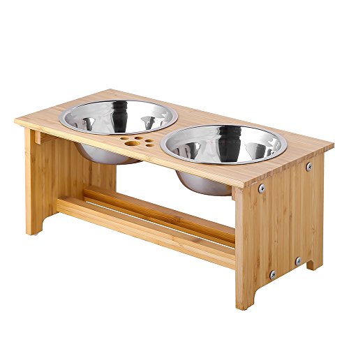 FOREYY Cajones para Perros levantados para Gatos y Perros - Cajones de Comida y Agua para Gatos con elevaciones de bambú Soportes para alimentadores con 2 tazones de Acero Inoxidable(18 cm)