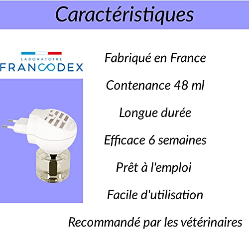 Francodex - Difusor eléctrico de feromonas de larga duración + 1 recarga de 48 ml – Kit completo – Antiestrés – Reduce los problemas de comportamiento – Calidad francesa – para todos los gatos