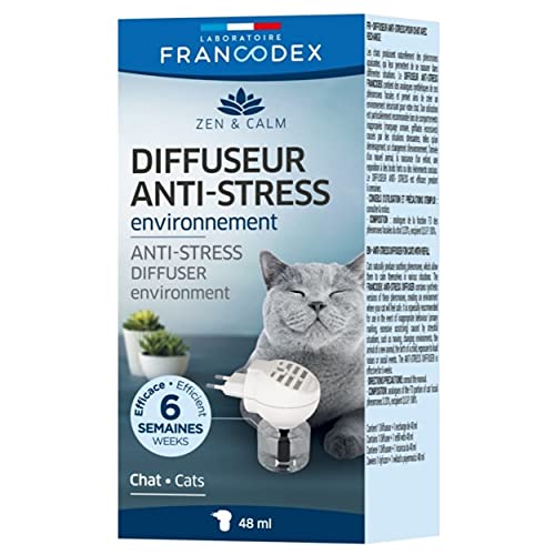 Francodex - Difusor eléctrico de feromonas de larga duración + 1 recarga de 48 ml – Kit completo – Antiestrés – Reduce los problemas de comportamiento – Calidad francesa – para todos los gatos