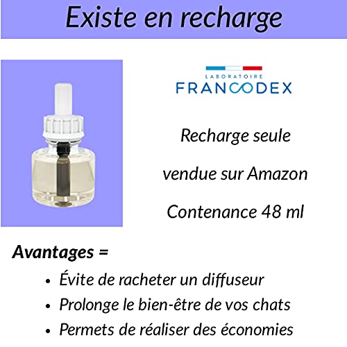 Francodex - Difusor eléctrico de feromonas de larga duración + 1 recarga de 48 ml – Kit completo – Antiestrés – Reduce los problemas de comportamiento – Calidad francesa – para todos los gatos