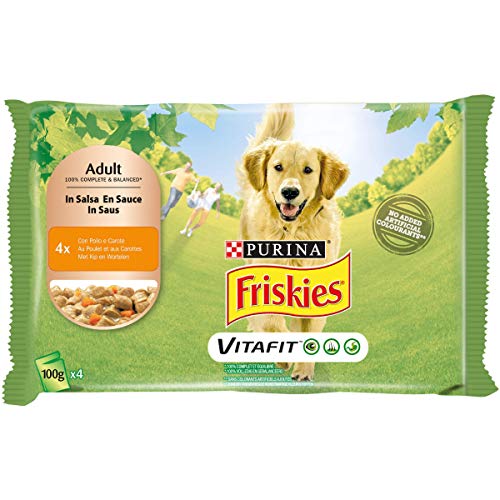 Friskies PURINA Húmedo Perros Botes en Salsa con Pollo y Zanahorias - 40 Sobres de 100 g Cada uno (10 Unidades de 4 x 100 g)