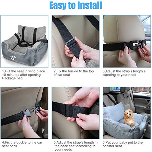 FRISTONE Asiento de Coche para Perros pequeños, Asiento de Coche Elevado para Perro Salchicha, Bulldog, con Correa de Seguridad con Clip y Bolsa de Almacenamiento，Gris