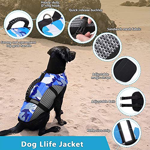 FR&RF Chaleco salvavidas para perros con chaleco de seguridad ajustable para traje de baño reflectante con mango de rescate para nadar y navegar en barco pequeño, mediano, grande, azul, XL