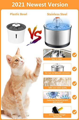 Fuente para gatos de Parner, 2,5 l, fuente para beber para gatos y perros, de acero inoxidable, con 2 filtros de carbón activo y 1 capa intermedia de silicona resistente al agua