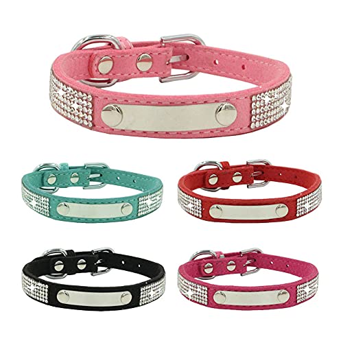 FUNAT Collar de Perro con Diamantes de Imitación, Perro Collar con Hoja de Hierro de Acero Inoxidable se Puede Grabar, Collar de Perros y Gatos + Cuerda Tracción Strass