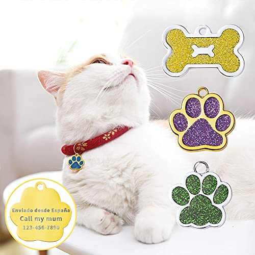 FUSIYU Chapa Gato Grabada, Identificacion Perro, Mascotas Etiquetas de Gato Personalizada Grabado para Collar Perro Gato Mascota Grabada Brillantitos Aleación de Zinc, Pata Plata, Púrpura