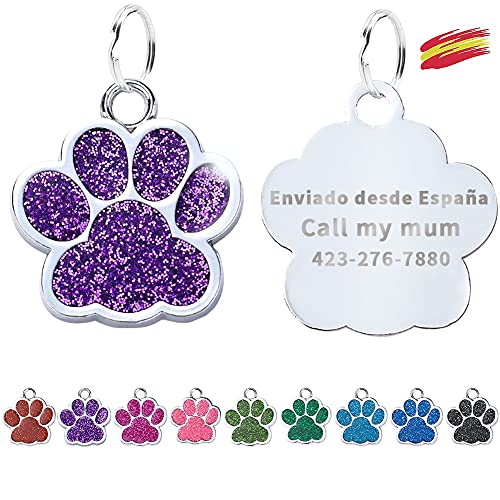 FUSIYU Chapa Gato Grabada, Identificacion Perro, Mascotas Etiquetas de Gato Personalizada Grabado para Collar Perro Gato Mascota Grabada Brillantitos Aleación de Zinc, Pata Plata, Púrpura