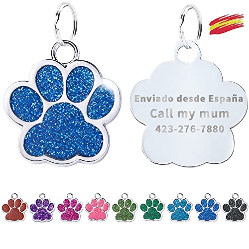 FUSIYU Placa Chapa Medalla, Etiquetas de Identificación de Mascotas Etiquetas de Perro Personalizada Grabado para Collar Perro Gato Mascota Grabada Brillantitos Aleación de Zinc, Pata Plata,Azul