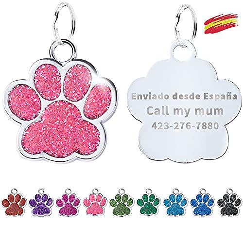 FUSIYU Placa Chapa Medalla, Etiquetas de Identificación de Mascotas Etiquetas de Perro Personalizada Grabado para Collar Perro Gato Mascota Grabada Brillantitos Aleación de Zinc, Pata Plata,Rosa