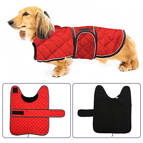 Geyecete Abrigo térmico de Invierno para Perro Salchicha,con Forro Polar cálido,Impermeable Ropa al Aire Libre con Bandas Ajustables e Agujero del arnés,para medianos/pequeña Perros - Rojo-XL