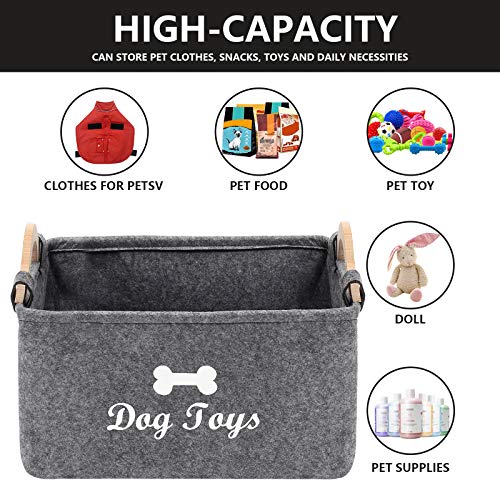 Geyecete - Cestas de Almacenamiento para Juguetes de Perro con Mango de Madera, Fieltro Caja de Almacenaje para Juguetes para Perros e Ropa para Perros y accesorios-38x25x24cm-Gris(Big)