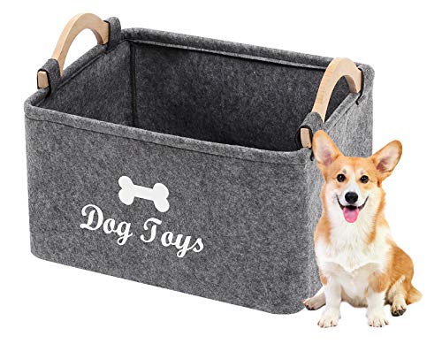 Geyecete - Cestas de Almacenamiento para Juguetes de Perro con Mango de Madera, Fieltro Caja de Almacenaje para Juguetes para Perros e Ropa para Perros y accesorios-38x25x24cm-Gris(Big)