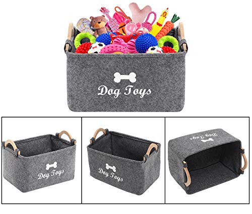 Geyecete - Cestas de Almacenamiento para Juguetes de Perro con Mango de Madera, Fieltro Caja de Almacenaje para Juguetes para Perros e Ropa para Perros y accesorios-38x25x24cm-Gris(Big)