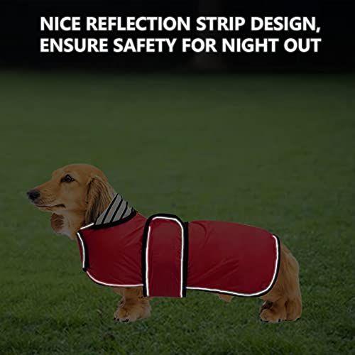 Geyecete-Chubasquero Ajustable Ligera para Perro Salchicha ，Impermeable Chaqueta con Correas Reflectantes y Agujero para arnés, Dachshund-Rojo-L