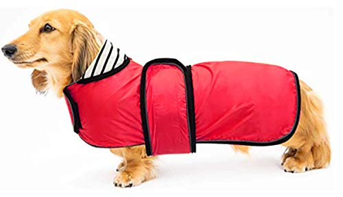 Geyecete-Chubasquero Ajustable Ligera para Perro Salchicha ，Impermeable Chaqueta con Correas Reflectantes y Agujero para arnés, Dachshund-Rojo-L