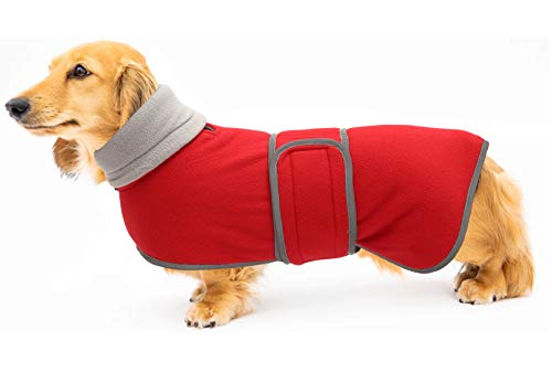 Geyecete - Perro Abrigo de Invierno con Forro Polar cálido, con Bandas Ajustables e Ribete Reflectante, Pullover con Agujero del arnés, para pequeños, medianos Perros Salchicha-Rojo-XL