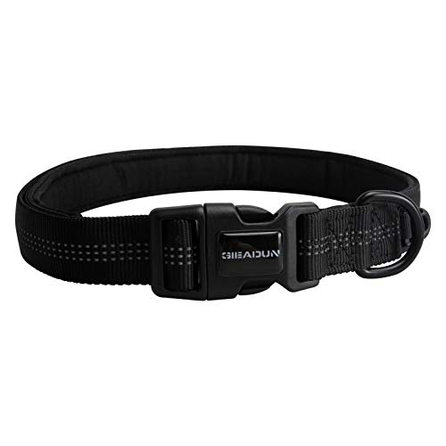 GIEADUN Collar Perro, Collar para Perros Pequeños Grandes Medianos Reflectante Suave Acolchado Ajustable Transpirable con Etiqueta de Nombre para Caminar Correr Trekking Entrenamiento (S, Negro)