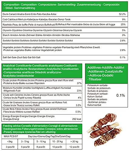 Golosinas para Perros, Snacks Masticables de Larga Duración con Cuero de Vaca, Pato y Bacalao, Ricas en Omega -3, Sin Gluten, Nutritivas para Perros Pequeños, Medianos y Grandes. 12U.