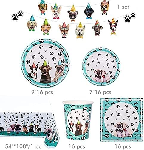 GOOODBUY Partybloom 34 suministros para fiestas de perros, vajilla desechable para perros con platos de perro tazas y servilletas para 8 para decoración de fiestas temáticas de cumpleaños para perros